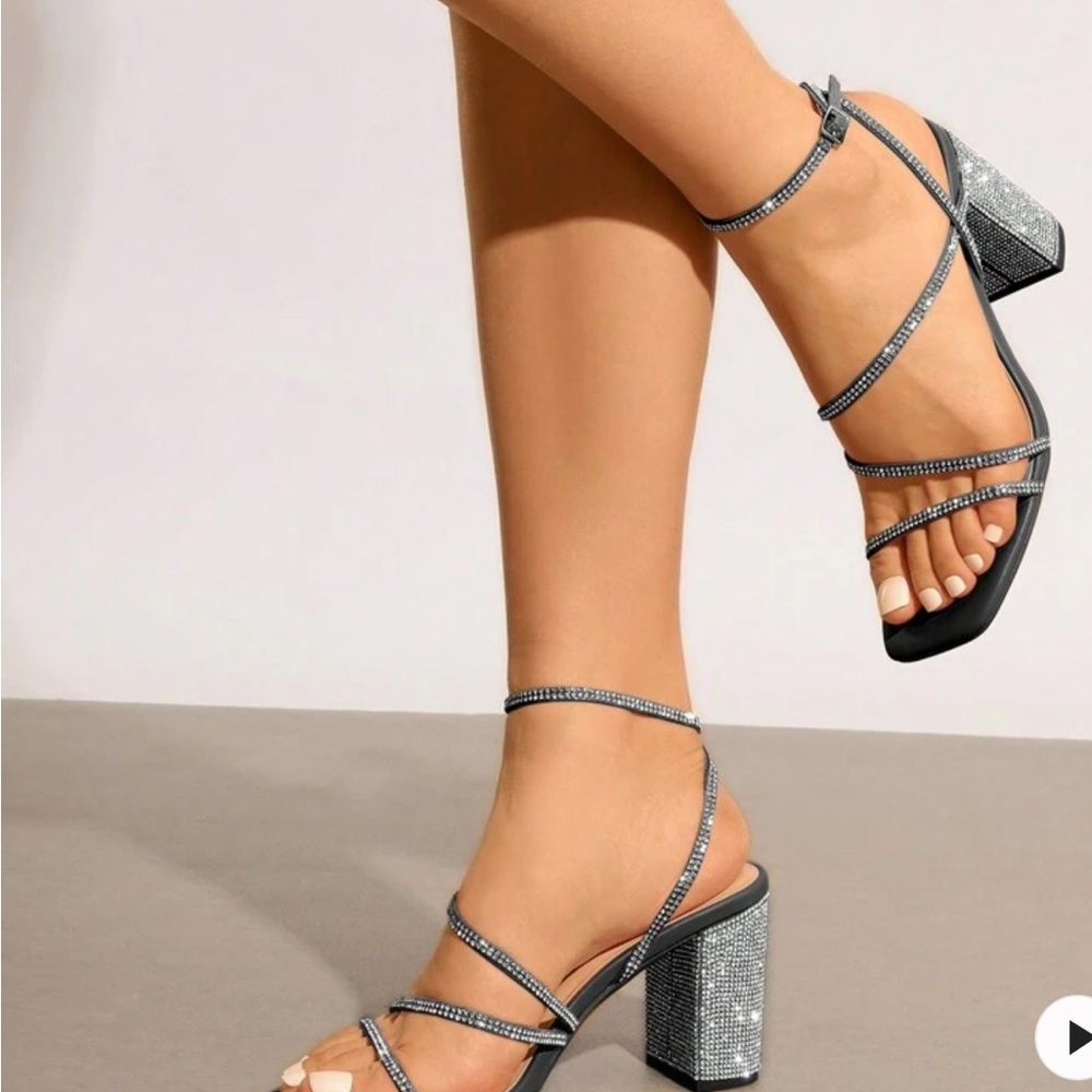SHEIN Metallic Silver Block Heel Sandals